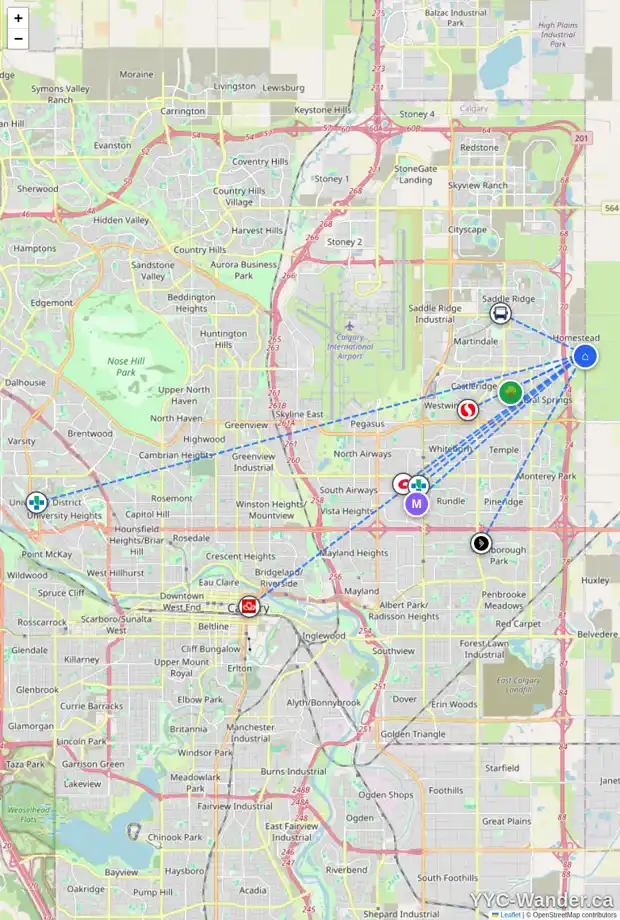 Daily accessibility map for 29 HOMESTEAD BV NE, Calgary showing nearby schools, grocery stores, parks, LRT stations and nearby amenities