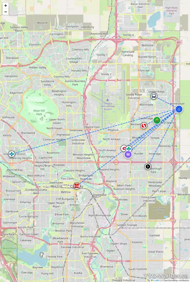 Daily accessibility map for 81 HOMESTEAD BV NE, Calgary showing nearby schools, grocery stores, parks, LRT stations and nearby amenities