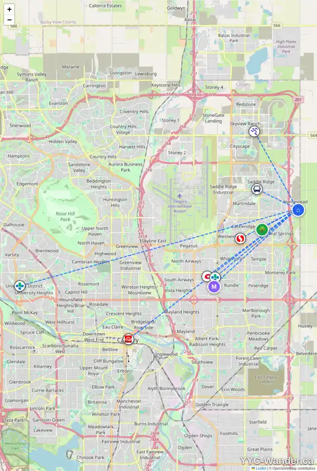 Daily accessibility map for 110 HOMESTEAD BV NE, Calgary showing nearby schools, grocery stores, parks, LRT stations and nearby amenities