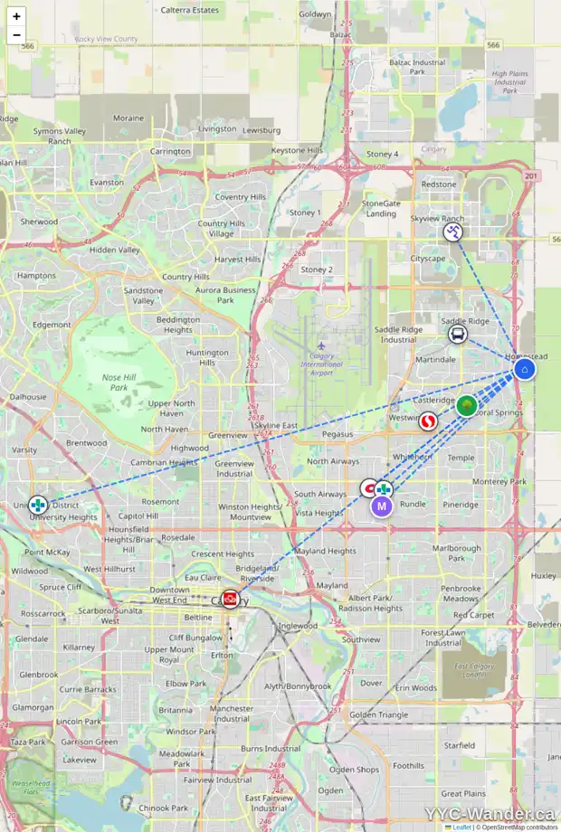 Daily accessibility map for 107 HOMESTEAD GV NE, Calgary showing nearby schools, grocery stores, parks, LRT stations and nearby amenities