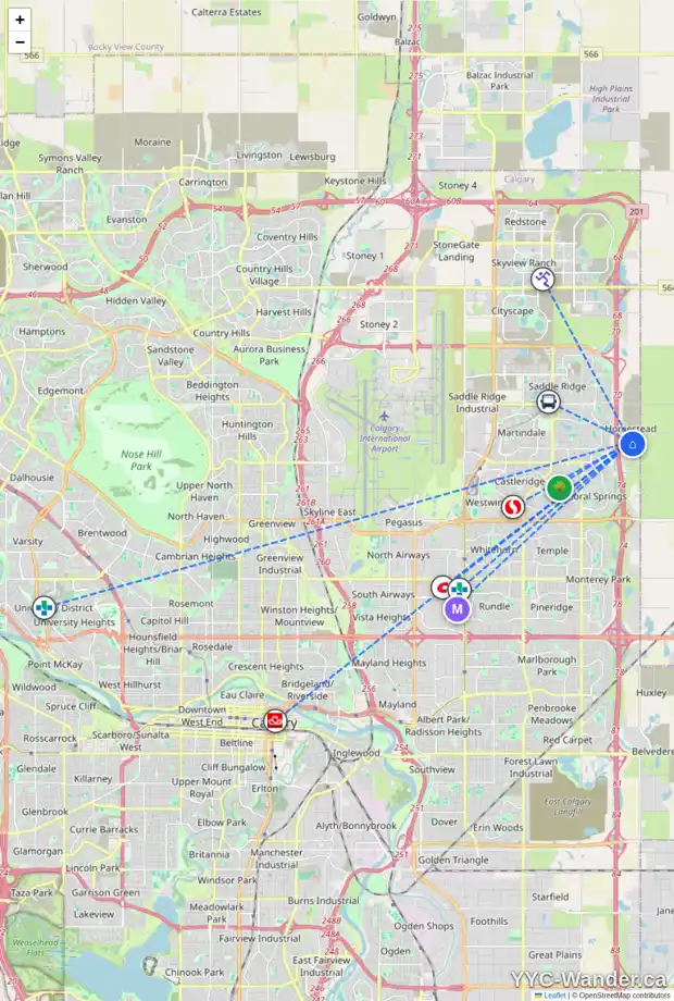 Daily accessibility map for 147 HOMESTEAD DR NE, Calgary showing nearby schools, grocery stores, parks, LRT stations and nearby amenities
