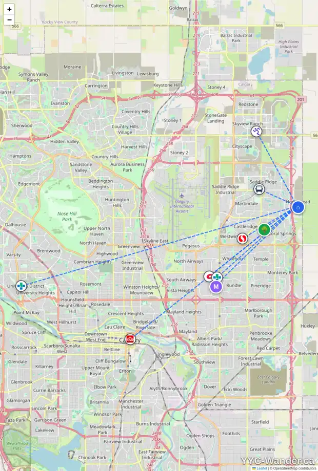 Daily accessibility map for 152 HOMESTEAD GV NE, Calgary showing nearby schools, grocery stores, parks, LRT stations and nearby amenities