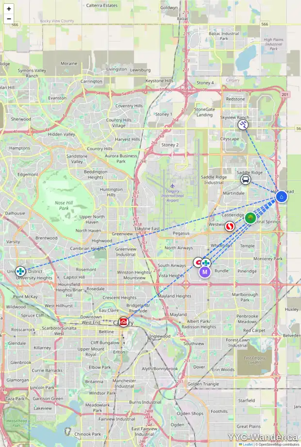 Daily accessibility map for 151 HOMESTEAD GV NE, Calgary showing nearby schools, grocery stores, parks, LRT stations and nearby amenities