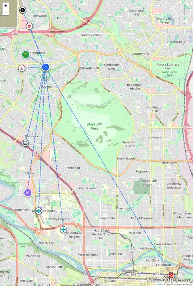 Daily accessibility map for 18 EDGERIDGE BA NW, Calgary showing nearby schools, grocery stores, parks, LRT stations and nearby amenities