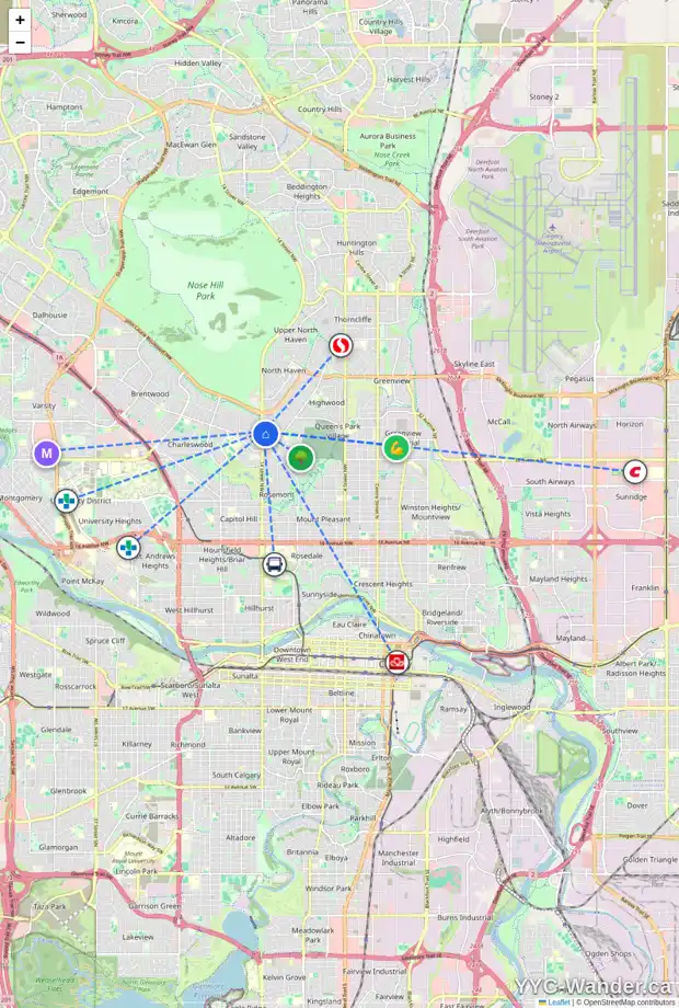Daily accessibility map for 3820 14 ST NW, Calgary showing nearby schools, grocery stores, parks, LRT stations and nearby amenities