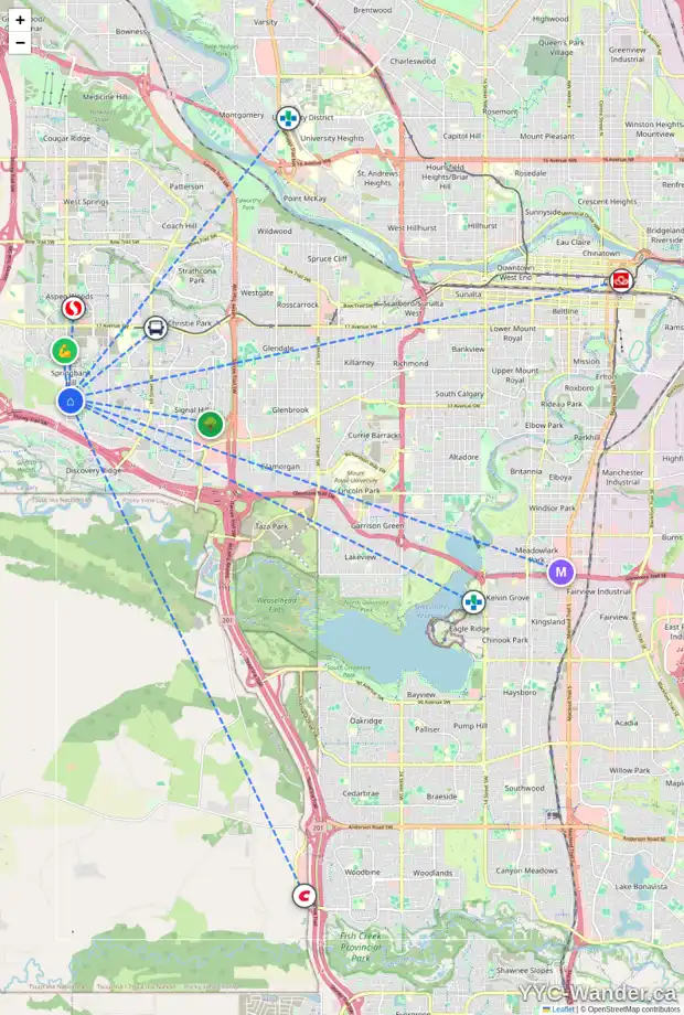 Daily accessibility map for 3100 85 ST SW, Calgary showing nearby schools, grocery stores, parks, LRT stations and nearby amenities