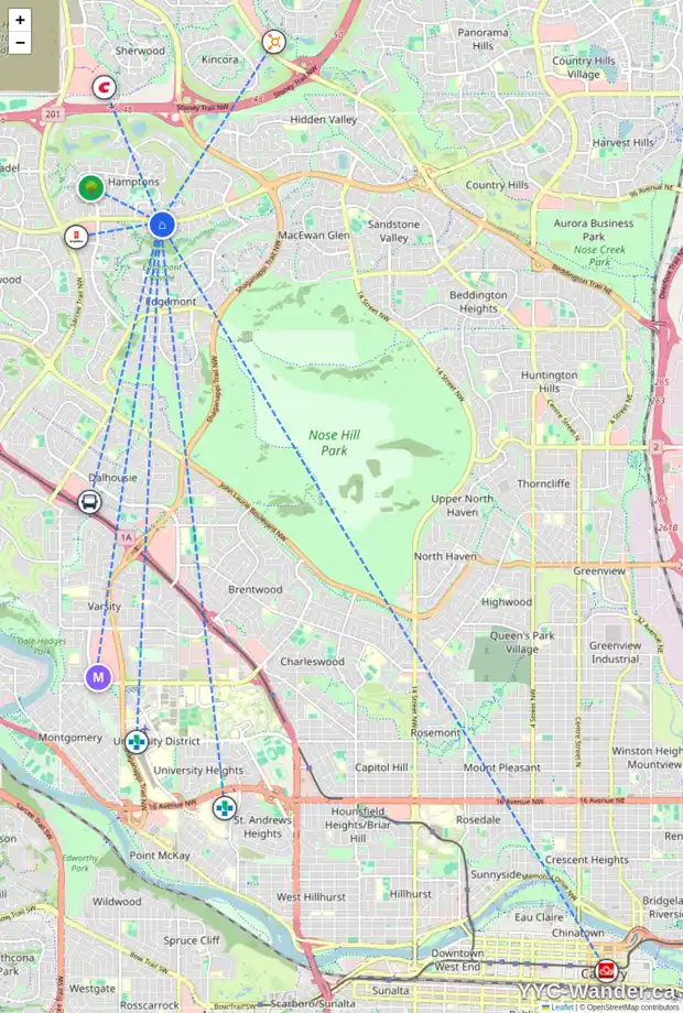 Daily accessibility map for 50 EDGERIDGE BA NW, Calgary showing nearby schools, grocery stores, parks, LRT stations and nearby amenities