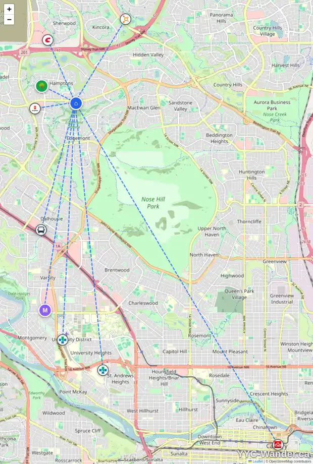 Daily accessibility map for 54 EDGERIDGE BA NW, Calgary showing nearby schools, grocery stores, parks, LRT stations and nearby amenities