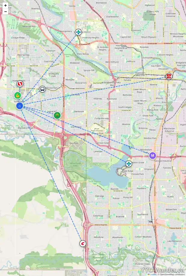 Daily accessibility map for 108 TIMBERLINE WY SW, Calgary showing nearby schools, grocery stores, parks, LRT stations and nearby amenities