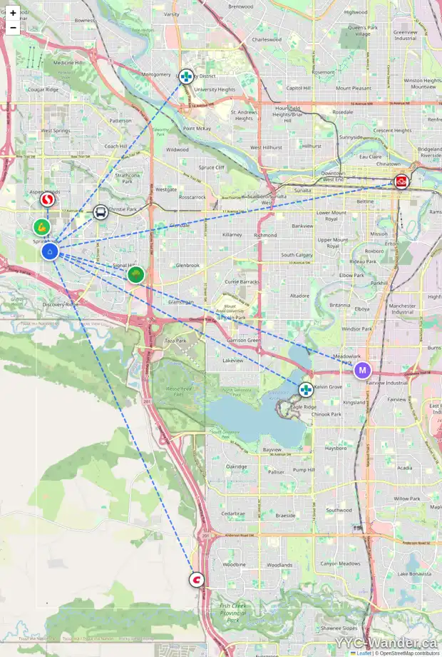 Daily accessibility map for 67 TIMBERLINE PT SW, Calgary showing nearby schools, grocery stores, parks, LRT stations and nearby amenities