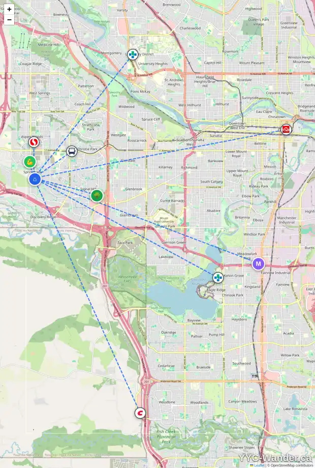 Daily accessibility map for 59 TIMBERLINE PT SW, Calgary showing nearby schools, grocery stores, parks, LRT stations and nearby amenities