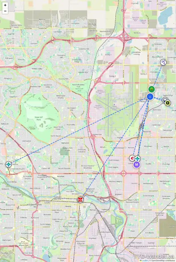 Daily accessibility map for 4516 84 AV NE, Calgary showing nearby schools, grocery stores, parks, LRT stations and nearby amenities