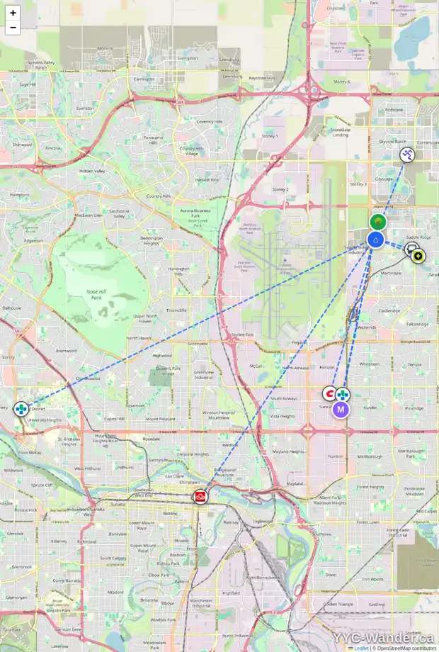 Daily accessibility map for 21 SADDLEPEACE RD NE, Calgary showing nearby schools, grocery stores, parks, LRT stations and nearby amenities