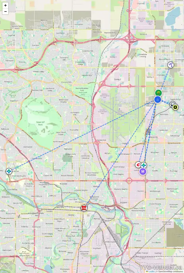 Daily accessibility map for 8723 45 ST NE, Calgary showing nearby schools, grocery stores, parks, LRT stations and nearby amenities