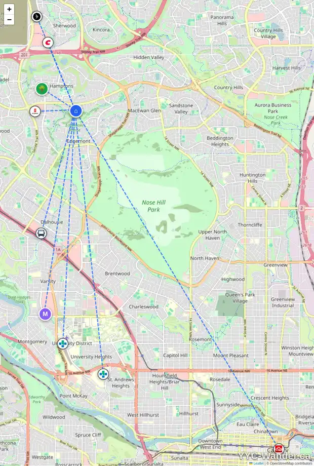 Daily accessibility map for 98 EDGERIDGE BA NW, Calgary showing nearby schools, grocery stores, parks, LRT stations and nearby amenities
