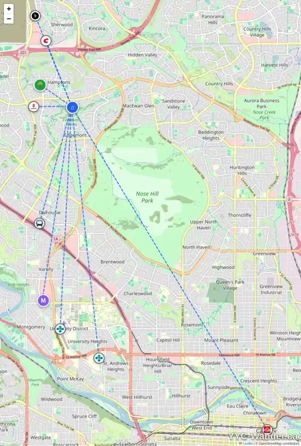 Daily accessibility map for 31 EDGERIDGE CI NW, Calgary showing nearby schools, grocery stores, parks, LRT stations and nearby amenities