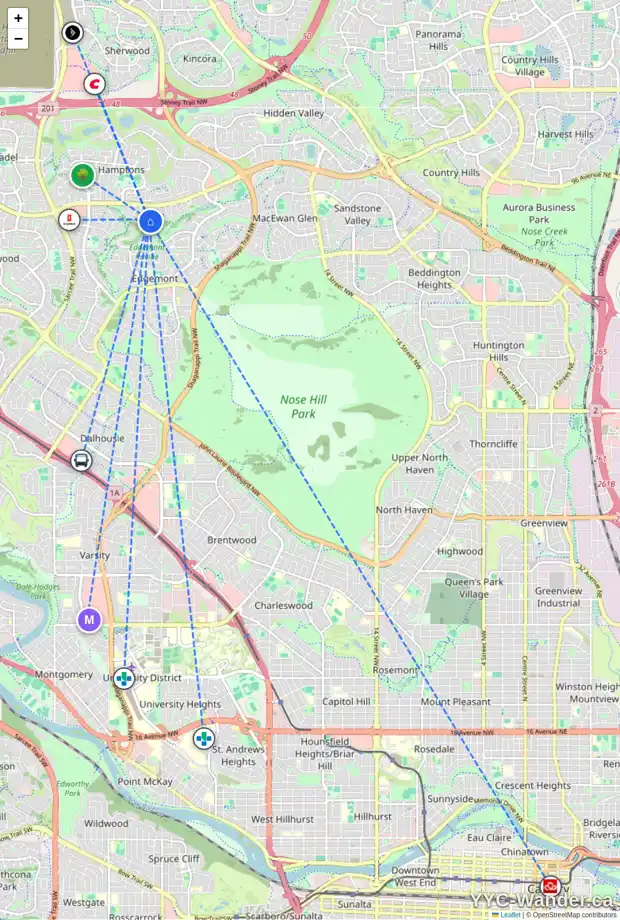 Daily accessibility map for 39 EDGERIDGE CI NW, Calgary showing nearby schools, grocery stores, parks, LRT stations and nearby amenities
