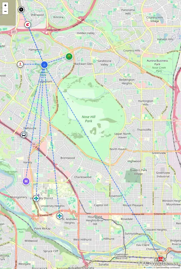 Daily accessibility map for 43 EDGERIDGE CI NW, Calgary showing nearby schools, grocery stores, parks, LRT stations and nearby amenities