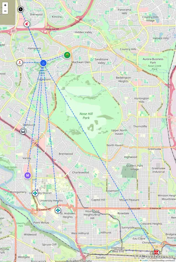 Daily accessibility map for 47 EDGERIDGE CI NW, Calgary showing nearby schools, grocery stores, parks, LRT stations and nearby amenities
