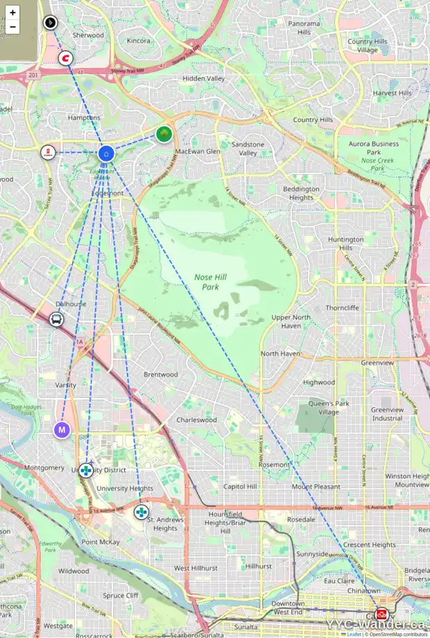 Daily accessibility map for 51 EDGERIDGE CI NW, Calgary showing nearby schools, grocery stores, parks, LRT stations and nearby amenities