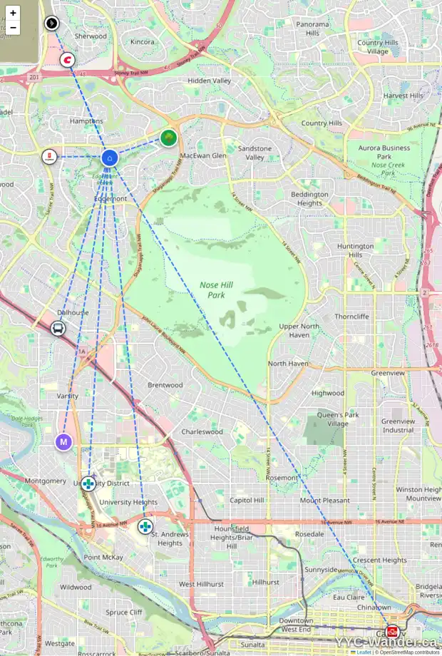 Daily accessibility map for 55 EDGERIDGE CI NW, Calgary showing nearby schools, grocery stores, parks, LRT stations and nearby amenities