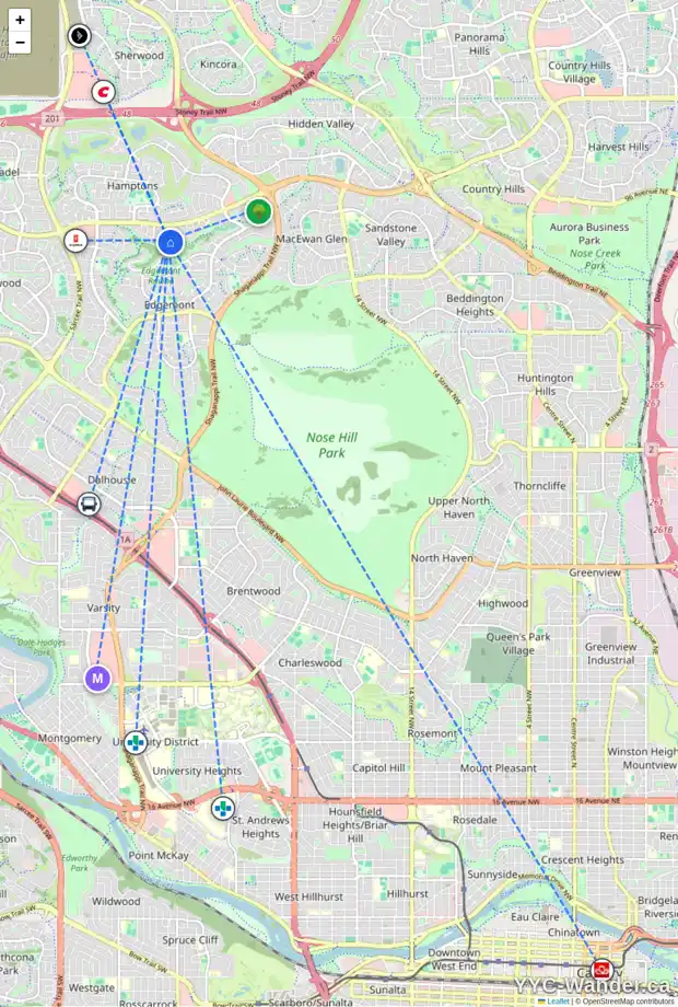 Daily accessibility map for 63 EDGERIDGE CI NW, Calgary showing nearby schools, grocery stores, parks, LRT stations and nearby amenities