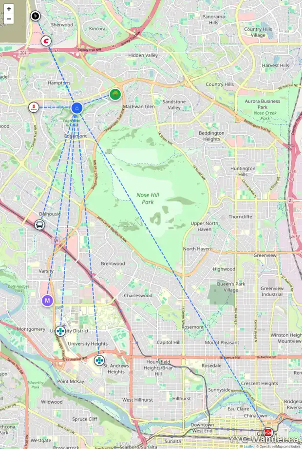 Daily accessibility map for 71 EDGERIDGE CI NW, Calgary showing nearby schools, grocery stores, parks, LRT stations and nearby amenities