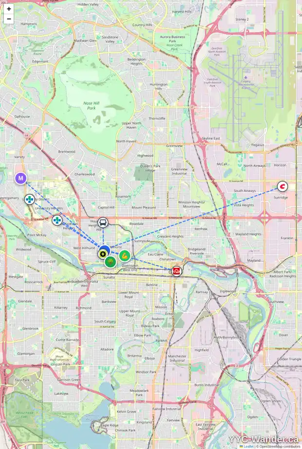 Daily accessibility map for 225 18 ST NW, Calgary showing nearby schools, grocery stores, parks, LRT stations and nearby amenities