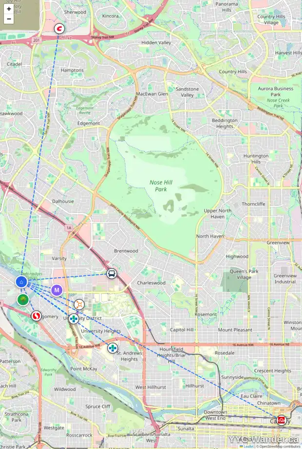 Daily accessibility map for 6060 BOW CR NW, Calgary showing nearby schools, grocery stores, parks, LRT stations and nearby amenities