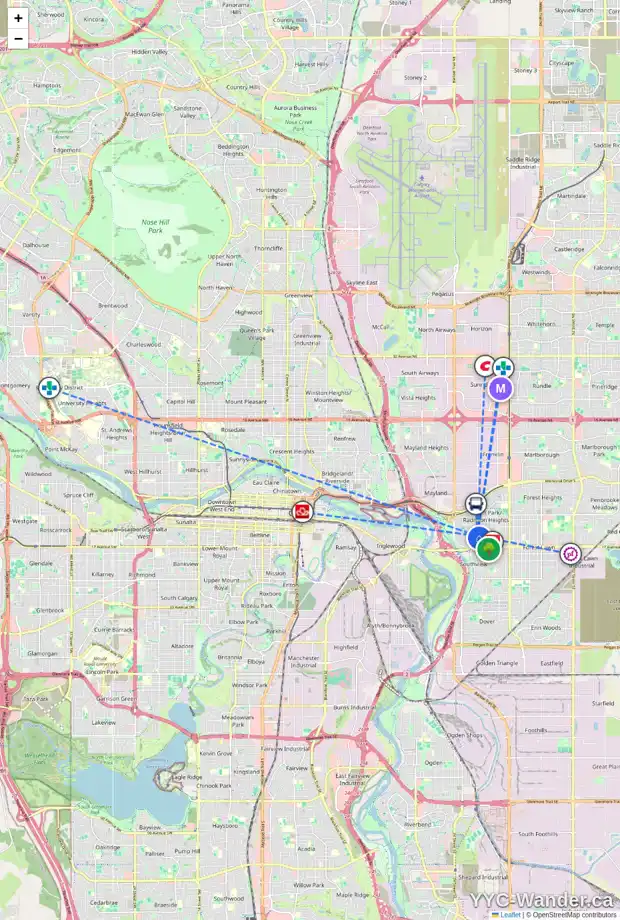Daily accessibility map for 2839 14 AV SE, Calgary showing nearby schools, grocery stores, parks, LRT stations and nearby amenities