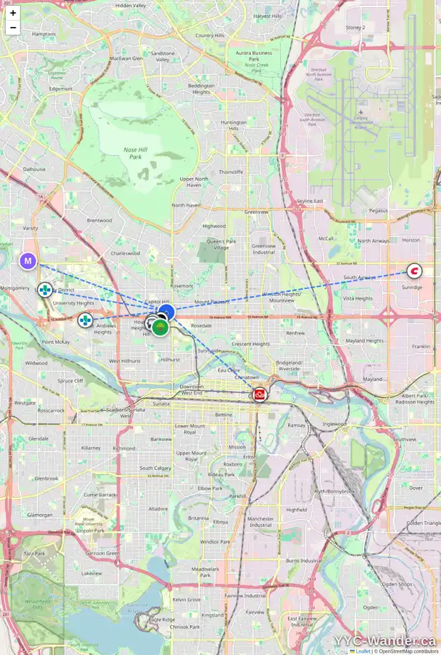 Daily accessibility map for 1607 18 AV NW, Calgary showing nearby schools, grocery stores, parks, LRT stations and nearby amenities
