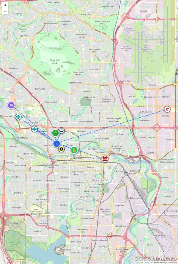 Daily accessibility map for 2 2116 4 AV NW, Calgary showing nearby schools, grocery stores, parks, LRT stations and nearby amenities