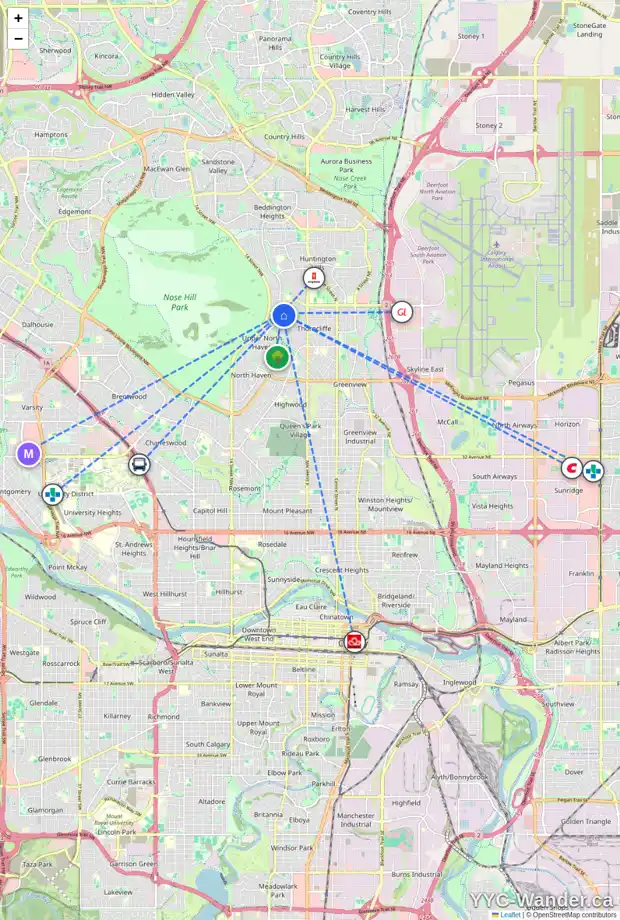 Daily accessibility map for 32 THORNWOOD PL NW, Calgary showing nearby schools, grocery stores, parks, LRT stations and nearby amenities