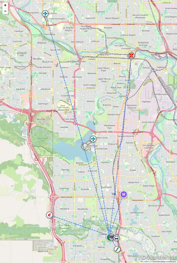 Daily accessibility map for 147 SHAWNEE CM SW, Calgary showing nearby schools, grocery stores, parks, LRT stations and nearby amenities