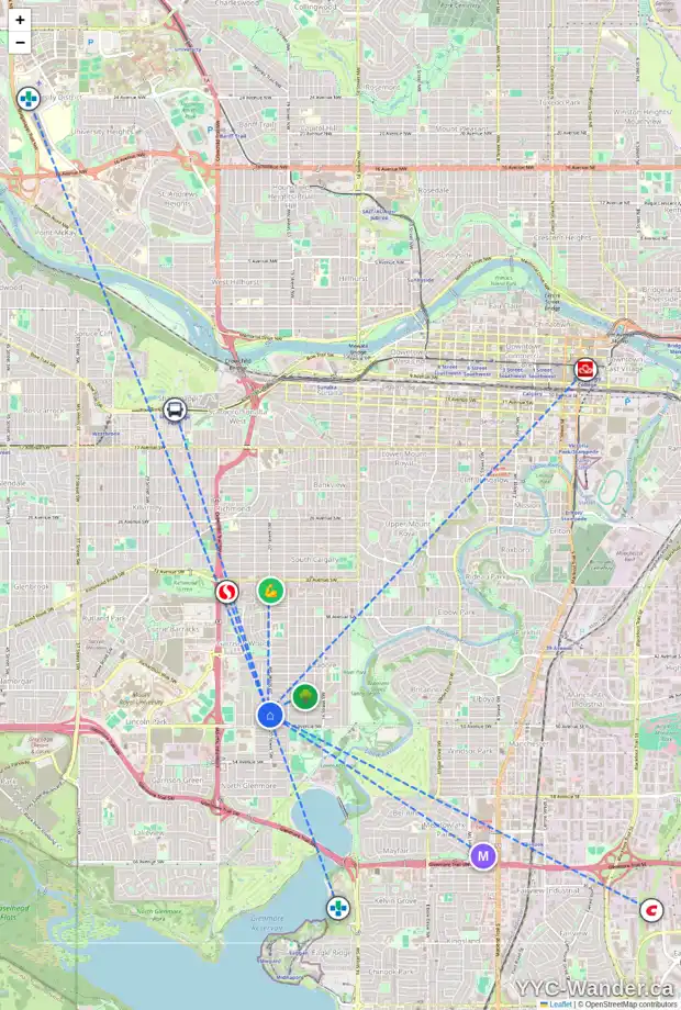 Daily accessibility map for 2108 49 AV SW, Calgary showing nearby schools, grocery stores, parks, LRT stations and nearby amenities