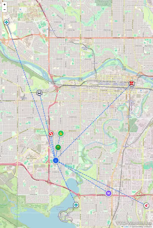 Daily accessibility map for 4918 21A ST SW, Calgary showing nearby schools, grocery stores, parks, LRT stations and nearby amenities