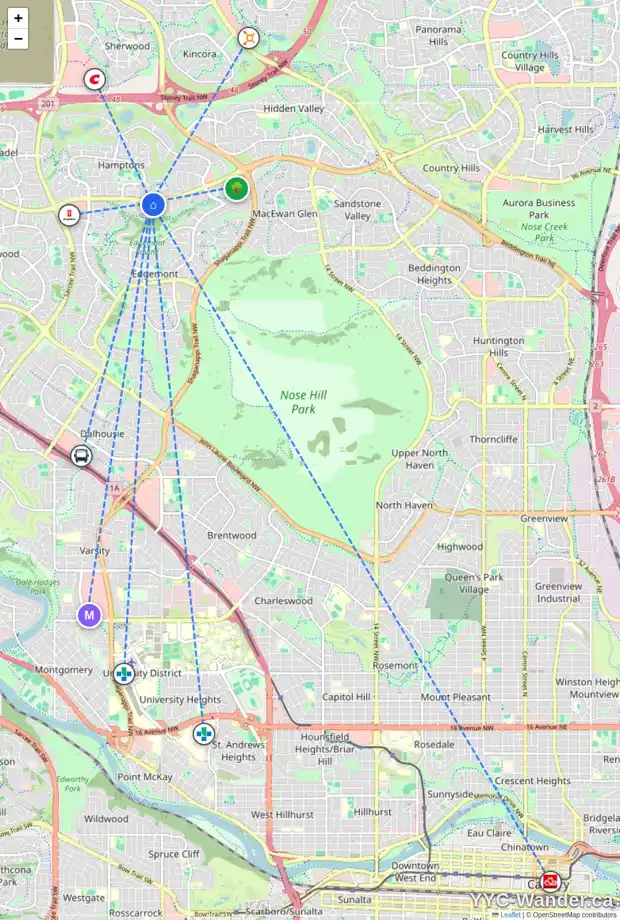 Daily accessibility map for 151 EDGERIDGE CI NW, Calgary showing nearby schools, grocery stores, parks, LRT stations and nearby amenities