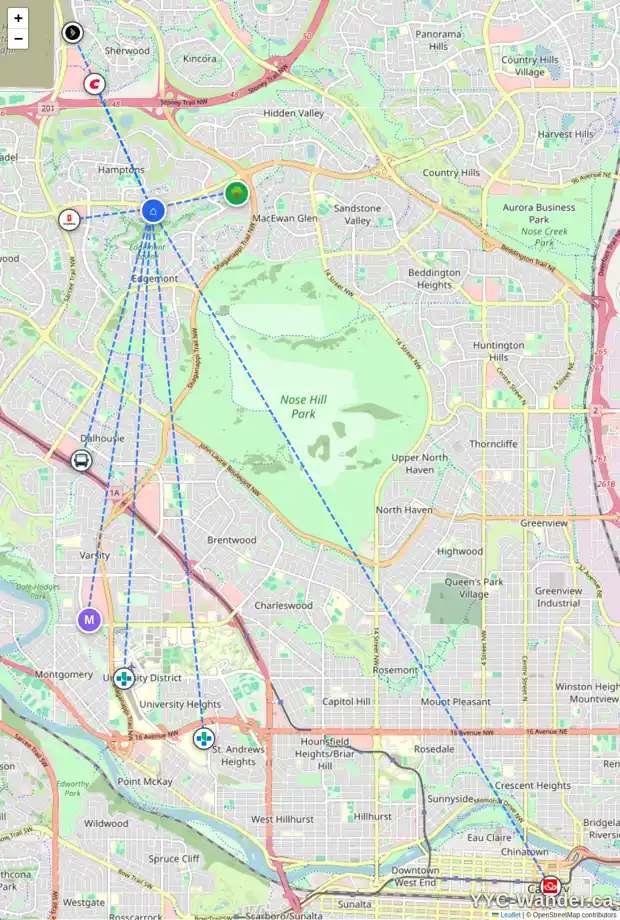 Daily accessibility map for 159 EDGERIDGE CI NW, Calgary showing nearby schools, grocery stores, parks, LRT stations and nearby amenities