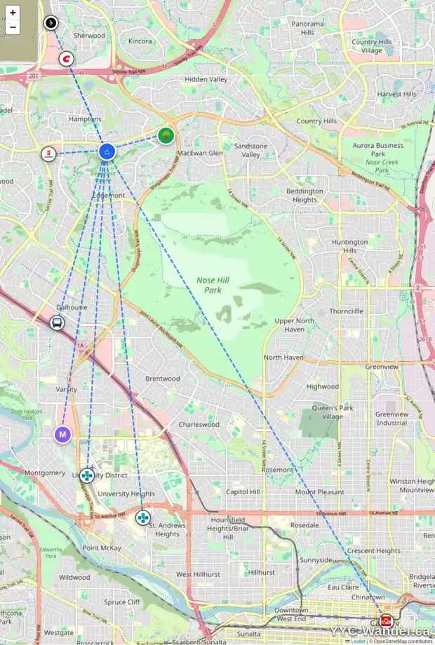 Daily accessibility map for 183 EDGERIDGE CI NW, Calgary showing nearby schools, grocery stores, parks, LRT stations and nearby amenities