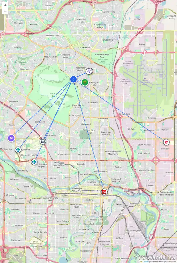 Daily accessibility map for 1422 HUNTERBROOK RD NW, Calgary showing nearby schools, grocery stores, parks, LRT stations and nearby amenities