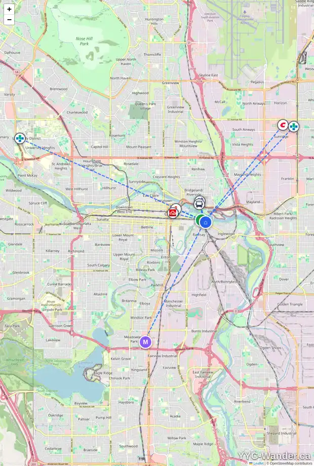 Daily accessibility map for 702 1020 9 AV SE, Calgary showing nearby schools, grocery stores, parks, LRT stations and nearby amenities
