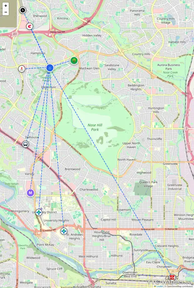 Daily accessibility map for 102 EDGERIDGE CI NW, Calgary showing nearby schools, grocery stores, parks, LRT stations and nearby amenities
