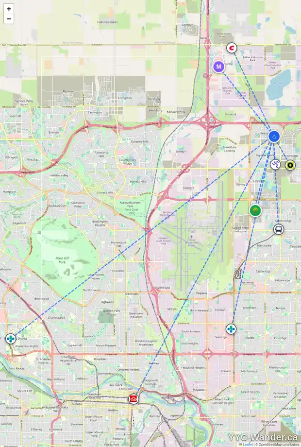 Daily accessibility map for 420 301 REDSTONE BV NE, Calgary showing nearby schools, grocery stores, parks, LRT stations and nearby amenities