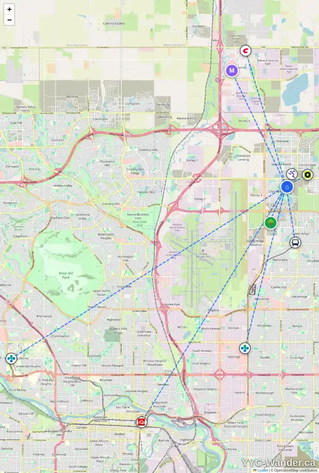 Daily accessibility map for 106 CITYSPRING TC NE, Calgary showing nearby schools, grocery stores, parks, LRT stations and nearby amenities