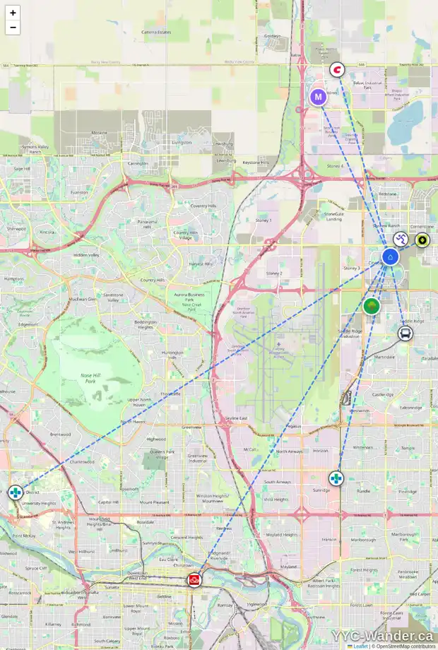 Daily accessibility map for 65 CITYSPRING TC NE, Calgary showing nearby schools, grocery stores, parks, LRT stations and nearby amenities