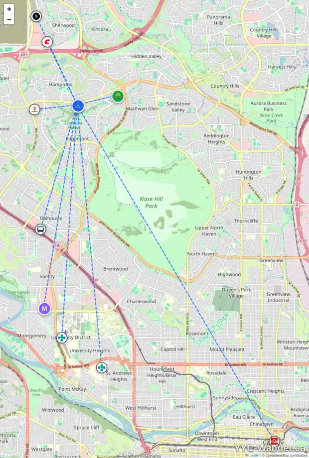 Daily accessibility map for 168 EDGERIDGE CI NW, Calgary showing nearby schools, grocery stores, parks, LRT stations and nearby amenities