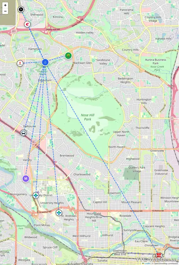 Daily accessibility map for 184 EDGERIDGE CI NW, Calgary showing nearby schools, grocery stores, parks, LRT stations and nearby amenities