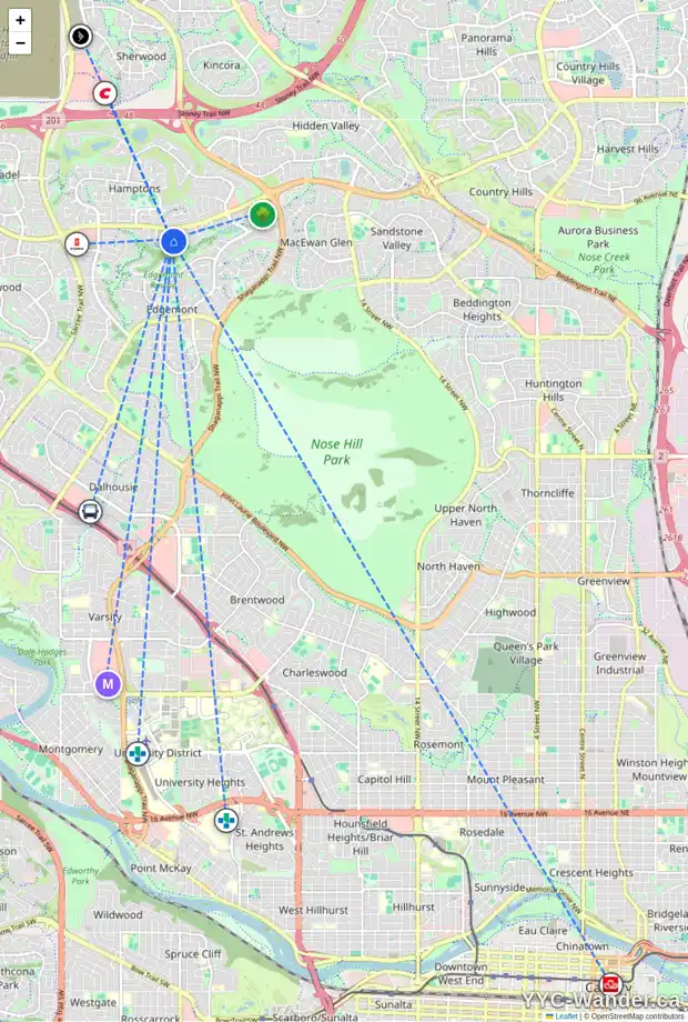 Daily accessibility map for 192 EDGERIDGE CI NW, Calgary showing nearby schools, grocery stores, parks, LRT stations and nearby amenities