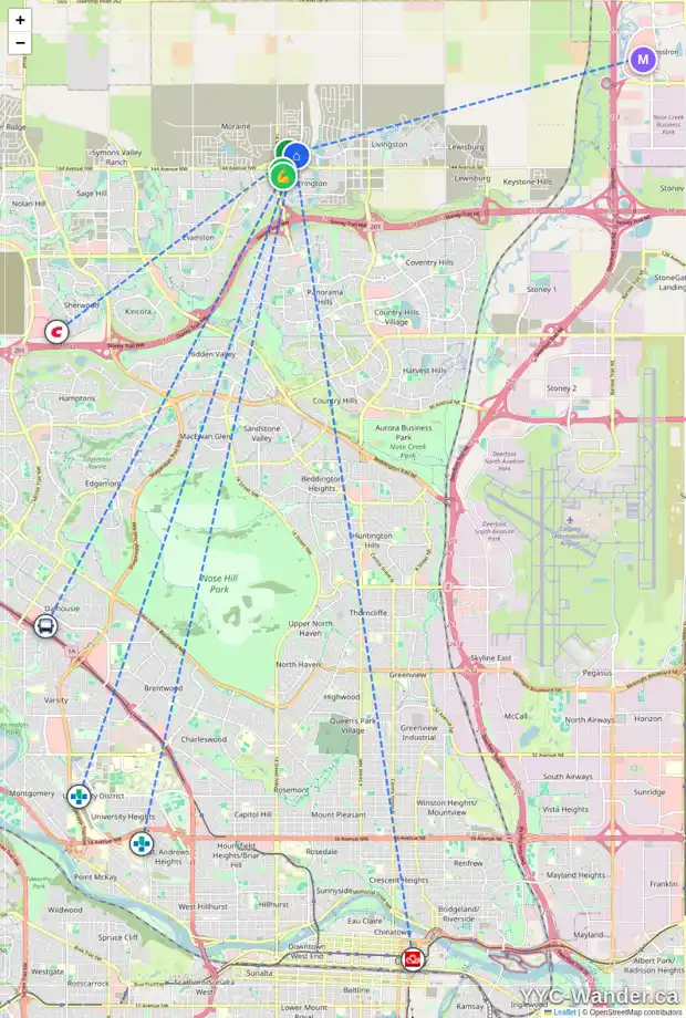 Daily accessibility map for 1829 CARRINGTON BV NW, Calgary showing nearby schools, grocery stores, parks, LRT stations and nearby amenities