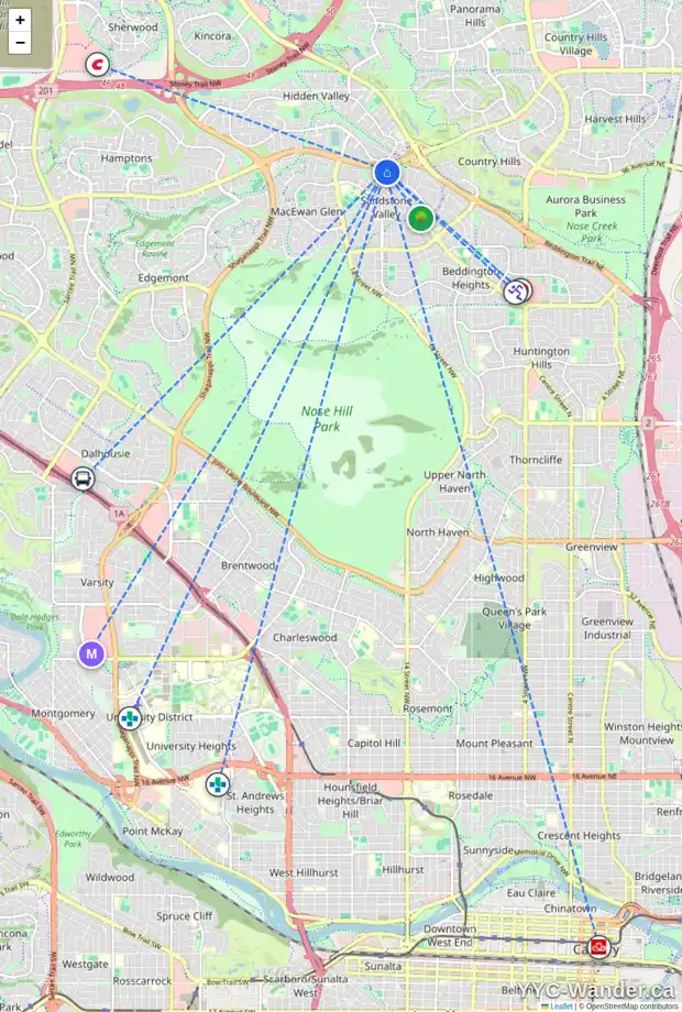Daily accessibility map for 303 SANDALWOOD CL NW, Calgary showing nearby schools, grocery stores, parks, LRT stations and nearby amenities